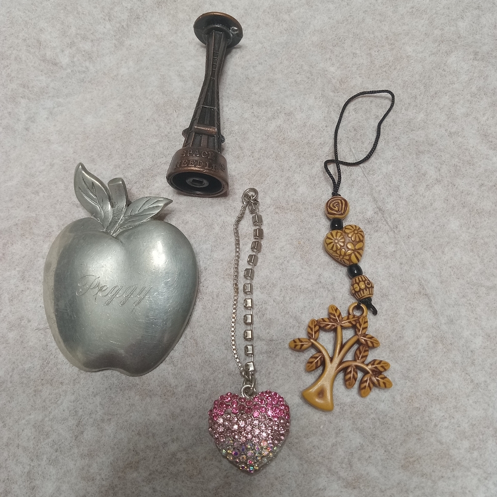 Silver Apple and Needle Space Tower Figurines with Heart and Tree Charms